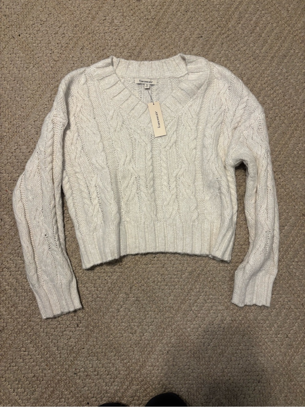 Francesca's Collections Off-White Cable V-Neck Sweater